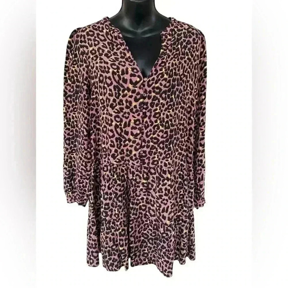LOFT womens Leopard Print black pink Button down V neck Tiered Swing Dress used - Picture 6 of 8